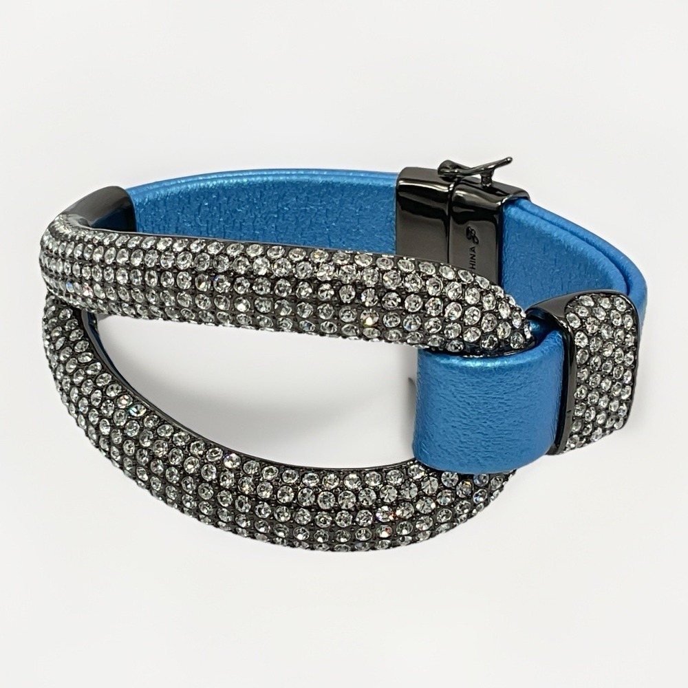 Joan Boyce Bracelet 'Edgy Diva' Pave Crystal Blue Leather Mobwife Sz6.5 Box